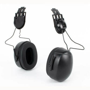 Displayed against a white background are two Pyramex Hard Hat Mounted Earmuffs CMFB6010 from Pyramex Safety, featuring adjustable wire headbands. These black earmuffs are designed for noise reduction and safety in loud environments, making them an essential component of your hearing protection equipment.