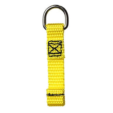 The Python Safety D-Ring Attachment Point 10/Pack 1500003 by 3M DBI-SALA Fall Protection is a yellow loop with webbing, incorporating a metal ring at the top for drop prevention. It offers secure attachment with reinforced black stitching.