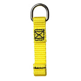 The Python Safety D-Ring Attachment Point 10/Pack 1500003 by 3M DBI-SALA Fall Protection is a yellow loop with webbing, incorporating a metal ring at the top for drop prevention. It offers secure attachment with reinforced black stitching.