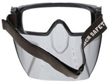 The MCR Hydroblast HB4 Goggle and Face Shield, available in a pack of 12 pairs, is equipped with a clear face shield featuring a black adjustable strap and the "MCR SAFETY" logo printed in white. This combination offers an anti-fog, contoured design for comprehensive facial protection and enhanced visibility, making it ideal for environments that demand dielectric construction.