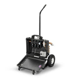 A versatile Allegro 4-Worker Breathing Air Filtration Panel Cart 9874-EFC encased in a sleek, black Pelican case with a wheeled frame and extended handle. The open case reveals nozzles and controls, mounted on durable rubber tires for effortless mobility.