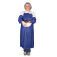 A person wearing an MCR Safety 6 Mil Blue Vinyl Apron 063S4 and a hairnet holds a white bowl with vegetables, smiling in what seems to be a food industry setting. The outfit includes liquid-proof protective sleeves and gloves, suggesting careful kitchen preparation.