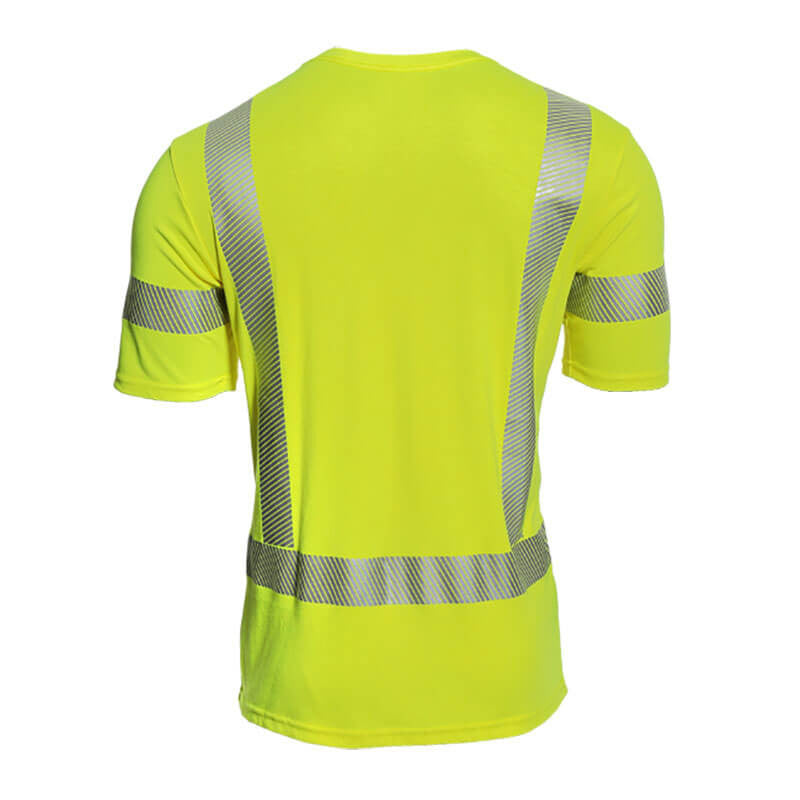 The NSA DRIFIRE FR Hi-Vis Dual Hazard Short Sleeve Shirt, model TEEY2PC3, features an arc rating of 11 cal/cm², offering both dual hazard protection and excellent visibility. Its vibrant yellow fabric paired with reflective silver stripes on the back and arms contributes to safety in low-light situations, making it a crucial choice for hazardous work settings.