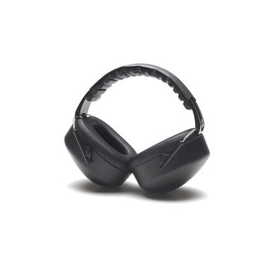 The Pyramex Safety PM3010 Ear Muff, designed for optimal hearing protection, features black padded ear cups and an adjustable headband. Positioned upright against a white background, these essential safety equipment provide comfort and tranquility in noisy environments.