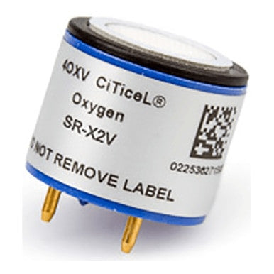 The Replacement O2 Sensor for GasAlert Monitors SR-X2V by BW Honeywell is a compact cylindrical sensor with four gold-plated pins. It features a white top, blue base, and comes with a QR code along with a caution advising not to remove the label, making it perfect for use in GasAlert monitors.