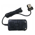 The mPower MP420 EU Charging Adapter M020-3006-E00, manufactured by mPower Electronics, is a black AC charging adapter featuring two round prongs and a long, coiled cord ending in a plastic connector. Its labels and symbols detail the electrical specifications and safety certifications, ensuring reliable power for various devices.