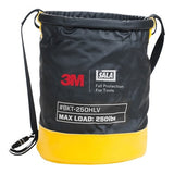 The 3M DBI-SALA Fall Protection Vinyl Safe Bucket with Drawstring, model number #1500139, is a black and yellow tool bag featuring brand logos. It has a yellow base and black body, with "Fall Protection for Tools" written on it. This bucket has a drawstring closure and can hold up to 250 lbs.