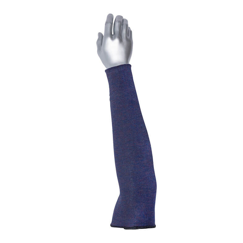 The PIP Kut Gard ECO Series 2-Ply ASP Aramid Sleeve (ASP-18), part of the essential safety equipment line from Protective Industrial Products, is showcased on a mannequin arm positioned vertically. The blue textured sleeve envelops the entire arm, stretching from the wrist to the upper arm while the hand remains in a neutral pose.