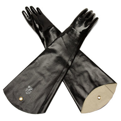 A pair of MCR Safety Memphis Black Jack Shoulder Length Gloves 6950 are crossed over each other, showcasing long black rubber with flared cuffs. One glove is turned inside out at the cuff, revealing a beige interior.