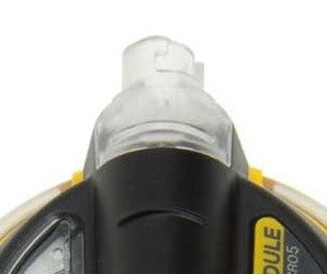 Close-up of a black and transparent plastic nozzle, likely from BW Honeywell's GasAlert Micro 5 Replacement Nozzle Pump M5-PN-1. The nozzle is positioned at the top center of the image, featuring yellow accents on either side.