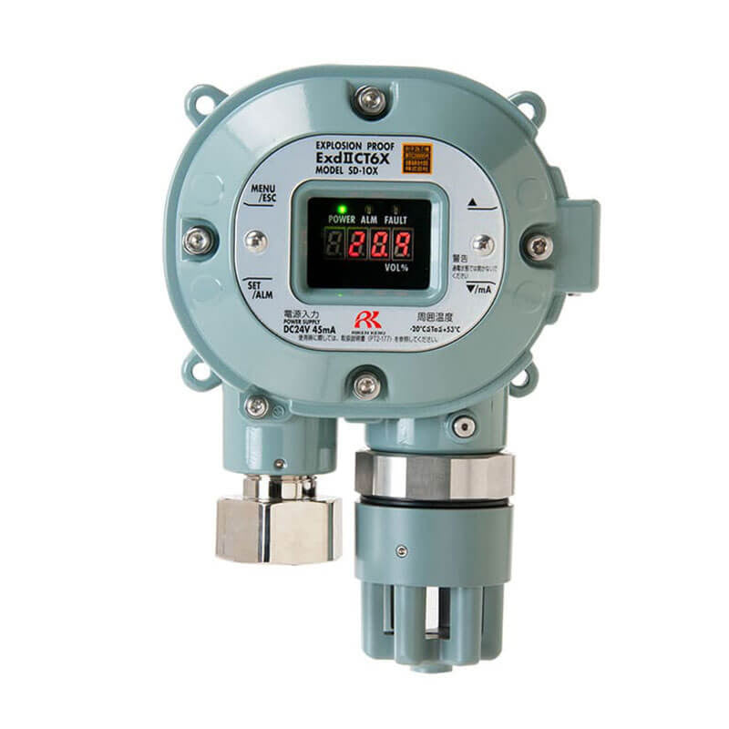 A round industrial gas detector, branded as the RKI SD-1OX O2 Detector from RKI Instruments, comes with a green casing and features a digital display alongside various control buttons. It is labeled as explosion-proof and offers two input connectors at the bottom while supporting HART Communication for enhanced connectivity.