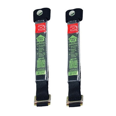 The Miller Suspension Trauma Relief Step Harness Safety Device PAIR 9099/1, from Miller Fall Protection, features two black straps with metal buckles and green pull tabs. Labeled with "Ankle Relief Step" and adorned with instructional text and a red caution symbol, they are crucial for fall protection in harness systems. These devices assist in managing suspension trauma relief during rescue and descent situations.