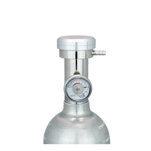 A close-up of the WatchGas Demand Flow Regulator w/Pressure Gauge 0-3LPM by WatchGas, featuring a pressure gauge and valve on top for precise gas flow control and instrument calibration, set against a white background.