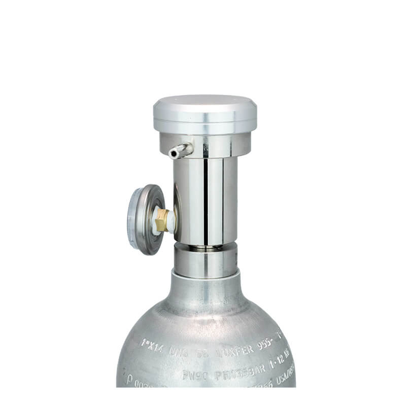 A close-up of the WatchGas Demand Flow Regulator with Pressure Gauge (0-3LPM) by WatchGas, showcasing its silver body, pressure gauge, and white-capped valve on top for precise gas flow control, set against a plain white background.