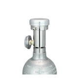 A close-up of the WatchGas Demand Flow Regulator with Pressure Gauge (0-3LPM) by WatchGas, showcasing its silver body, pressure gauge, and white-capped valve on top for precise gas flow control, set against a plain white background.
