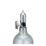 A close-up of the WatchGas Fixed Flow Regulator Brass 0.5 LPM by WatchGas, featuring a pressure gauge and regulator valve on top, set against a white background.