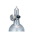 A close-up of a WatchGas Fixed Flow Regulator Brass 0.5 LPM attached to a metal gas cylinder with a valve, isolated on a white background.