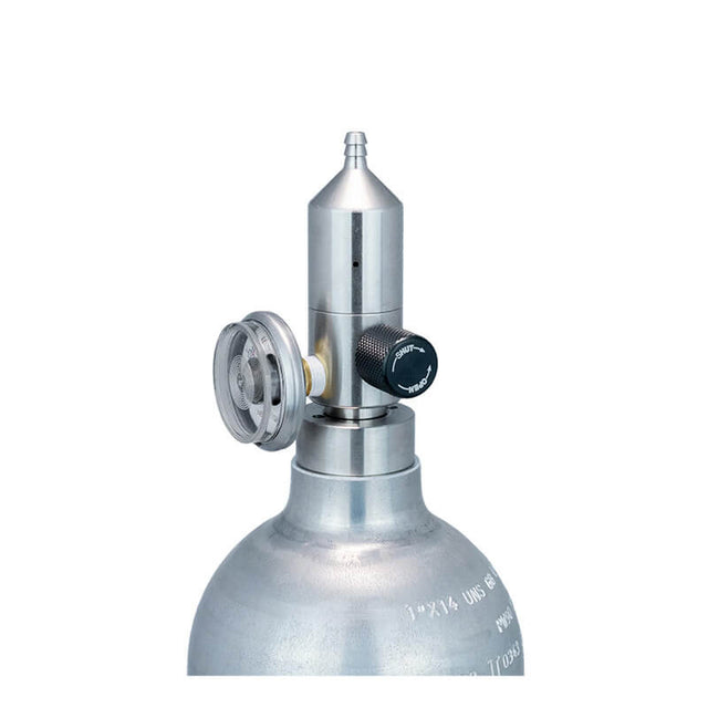 A close-up of a WatchGas Fixed Flow Regulator Brass 0.5 LPM attached to a metal gas cylinder with a valve, isolated on a white background.