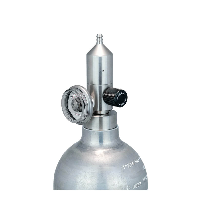 A close-up of the WatchGas Fixed Flow Regulator Stainless Steel 0.5 LPM, featuring a stainless steel pressure gauge, fixed flow regulator, valve, and nozzle by WatchGas, set against a plain white background.