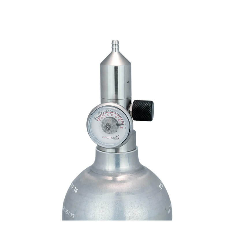 A close-up of the WatchGas Fixed Flow Regulator Stainless Steel 0.5 LPM by WatchGas, featuring a stainless steel pressure gauge, precise fixed flow regulator for accurate gas delivery, and nozzle, set against a white background.