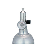 A close-up of the WatchGas Fixed Flow Regulator Stainless Steel 0.5 LPM by WatchGas, featuring a stainless steel pressure gauge, precise fixed flow regulator for accurate gas delivery, and nozzle, set against a white background.