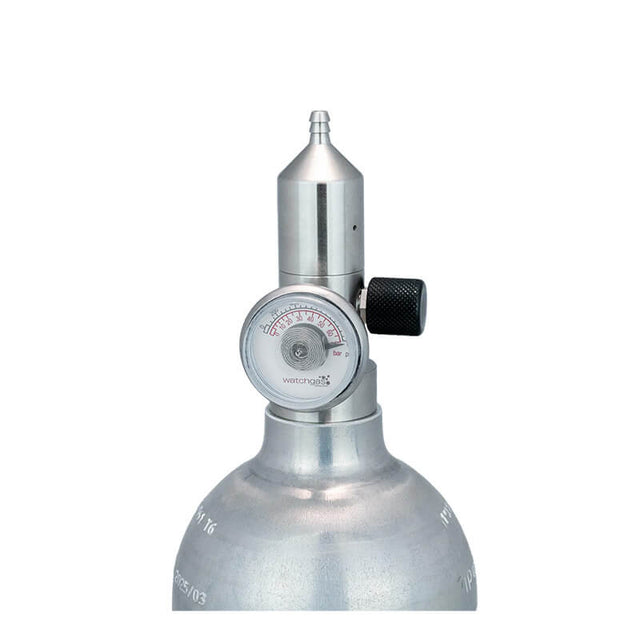 A close-up of the WatchGas Fixed Flow Regulator Stainless Steel 0.5 LPM by WatchGas, featuring a stainless steel pressure gauge, precise fixed flow regulator for accurate gas delivery, and nozzle, set against a white background.