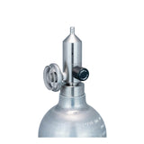 The WatchGas Fixed Flow Regulator Stainless Steel 0.5 LPM sits atop a silver medical oxygen cylinder, featuring a stainless steel pressure regulator and valve to ensure gas flow accuracy for reliable delivery, all shown isolated on a white background.