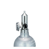 A close-up of the WatchGas Fixed Flow Regulator Stainless Steel 0.5 LPM by WatchGas, featuring a stainless steel gas cylinder with an attached pressure gauge and fixed flow regulator nozzle, set against a white background to ensure precise gas flow accuracy.