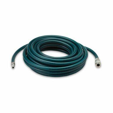 An Allegro Nova 3/Nova 2000 Air Supply Hose (LP) 2035, coiled and dark green with metal connectors, featuring Dixon quick connect couplers at both ends, rests elegantly on a white background.