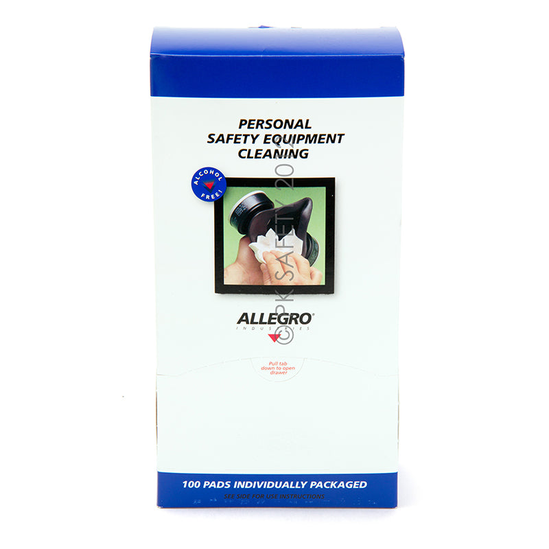 The Allegro 3001 Alcohol-Free Respirator Cleaning Wipes by Allegro come in a blue and white box featuring a hand cleaning a mask and include 100 wipes for maintaining respirator facepieces.
