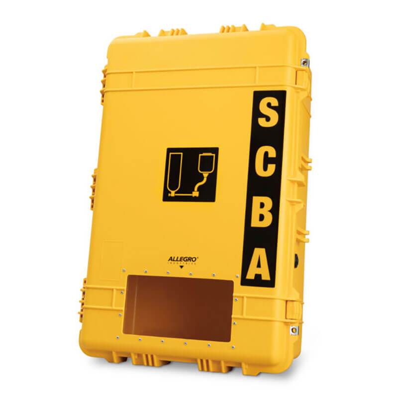 A vibrant yellow Allegro All Weather SCBA Wall Case 460_, featuring bold black "SCBA" lettering along the side, is expertly crafted from injection molded polypropylene. The front showcases a black breathing equipment symbol and includes a rectangular transparent window near the bottom, offering both durability and visibility.