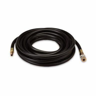 The Allegro Low Pressure Breathing Air Hose 9100, featuring brass fittings on each end, is shown against a plain white background. This black hydraulic hose is neatly coiled in a circular pattern, emphasizing its vital role in providing safety support for airline respirators.