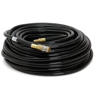 Neatly placed on a white background, the Allegro Low Pressure Breathing Air Hose 9100 features brass connectors on both ends and is an ideal piece of safety equipment for various applications.