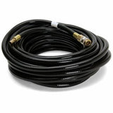 The Allegro Low Pressure Breathing Air Hose 9100 is neatly arranged, highlighting its glossy black finish and featuring brass connectors on each end. Ideal as a breathing air hose, it enhances safety for various utility uses while complementing airline respirators.