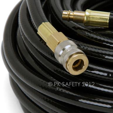 The image presents a close-up of an Allegro Low Pressure Breathing Air Hose 9100 with brass connectors. It highlights the detailed fittings on this essential safety equipment suitable for both industrial and home applications. The text "© PK Safety 2012" is visible on the hose.