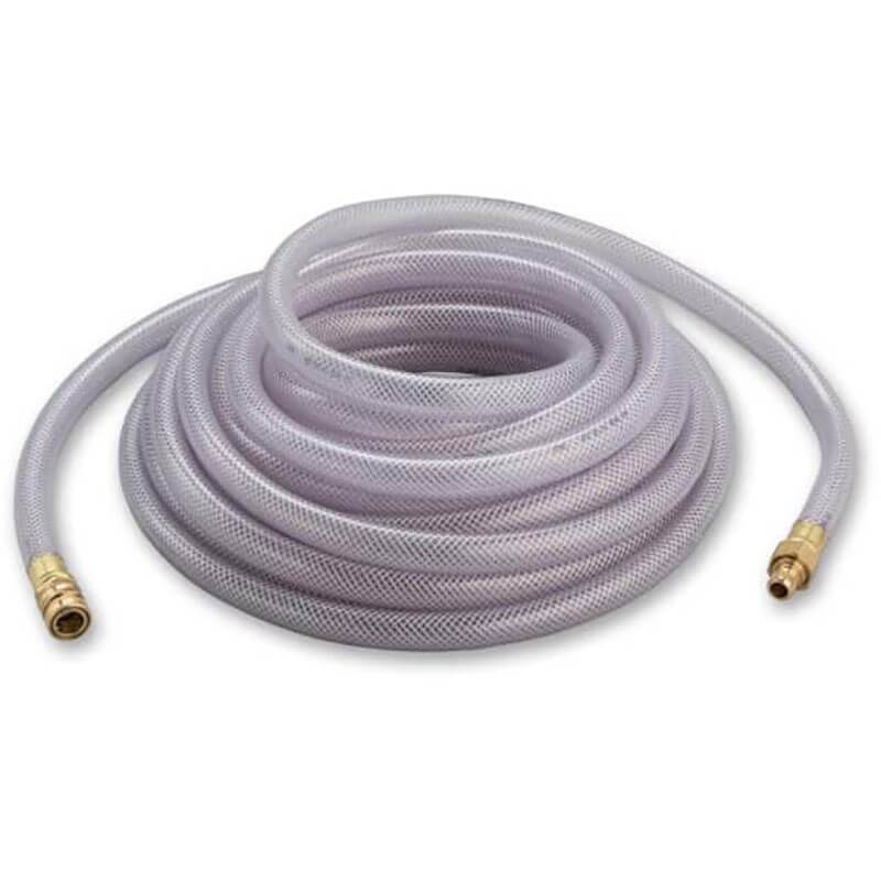 The Allegro Breathing Air Blower & Cold Air Systems Airline Hose 9100-EF is a coiled, transparent reinforced hose featuring brass connectors on both ends. It is perfect for use as a low pressure airline hose with Allegro Supplied Air Respirators, and is shown against a plain white background.