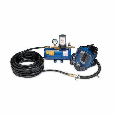 The Allegro 1 Worker Full Face Mask Airline Respirator System, by Allegro, features a blue and black design with a long coiled hose. This system includes a regulator, pressure gauge, and full-face mask connected through the hose to provide comprehensive respiratory protection.