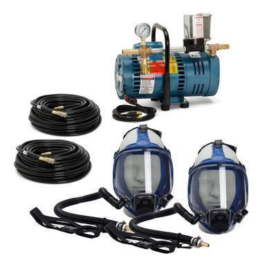 The Allegro 2 Worker Full Face Mask Airline Respirator System 9200-02 features a blue air compressor with an attached gauge, two black hoses, and full-face masks connected to breathing tubes, offering respiratory protection by delivering breathable air through its integrated system.