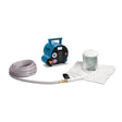 The image displays an Allegro Worker Double Bib Hood Cool Air System in blue. It features a portable air blower connected to a long, coiled hose that attaches to a clear, cylindrical container on a square mat, which could be used for inflating or vacuum-sealing functions.