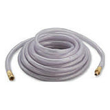 A coiled clear plastic hose with brass fittings on both ends, suitable for connecting devices or transporting fluids, can be used with the Allegro Worker Double Bib Hood Cool Air System 9222-0_A for added safety.