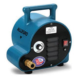 Image of a blue Allegro Worker Double Bib Hood Cool Air System 9222-0_A with a handle on top. It features a black front panel with a flow switch, warning labels, and an on/off switch. Complete with a brass hose connector and a "Made in USA" sticker, it's compatible with NIOSH-approved respirators.