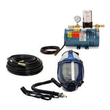 The Allegro 1 Worker Full Face Mask Airline Respirator System includes a blue and black air pump with a pressure gauge and attached cables, positioned alongside a black coiled hose. This system features a full-face respirator mask with straps and a connected breathing tube, providing comprehensive respiratory protection.