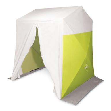 The Allegro Confined Space Deluxe Work Tent 9401, featuring a white and lime green design with an open entrance, is ideal for portable use. It boasts a peaked roof, side flaps, and sits on a gray base, making it perfect for camping, outdoor events, or confined space projects.