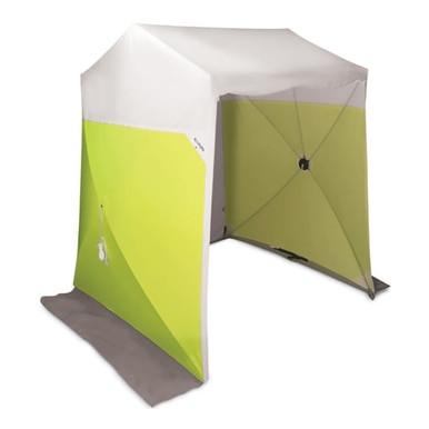 The Allegro Confined Space Deluxe Work Tent (Model 9402), available in a white and green color scheme, is perfect for providing shade and protection with its open front design. It's lightweight and features a convenient small loop for securing items, making it an ideal choice for easy transport to confined spaces or relaxing in open areas.