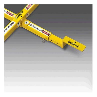 The Allegro Manhole Safety Cross in yellow is designed with adjustable arms for versatile use, featuring instructions, hazard warnings, and high visibility labels like "Use in manual" and "Open handle." It comes equipped with a metal latch and handle for easy operation against a gray gradient background.