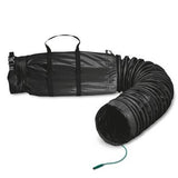 The Allegro Sto-Sack, Statically Conductive (EX), is a black industrial duct featuring a flexible, accordion-like design. The left end is rigid with carrying handles, and the right end extends open for use with ventilation blowers. A green cord at the open end highlights its connection to flame retardant materials.