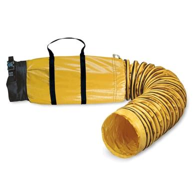 A yellow flexible duct with black straps is coiled on one side and connected to the Allegro Sto-Sack Self Storage Ducting, a product by Allegro. Made with flame retardant materials, this setup is ideal for portable ventilation blowers, ensuring safety and efficiency in various environments.