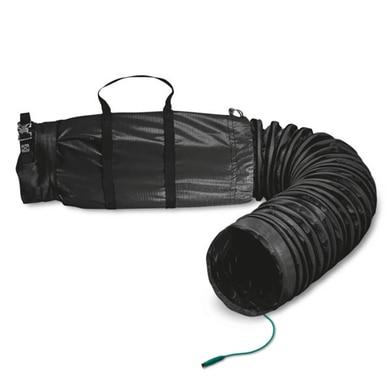 The Allegro Sto-Sack, Statically Conductive (EX), is a black flexible duct with a cylindrical, expandable form. It's crafted from flame retardant materials and features reinforced sections along with a handle on top. With one end open to display the interior, it's perfect for use with ventilation blowers.