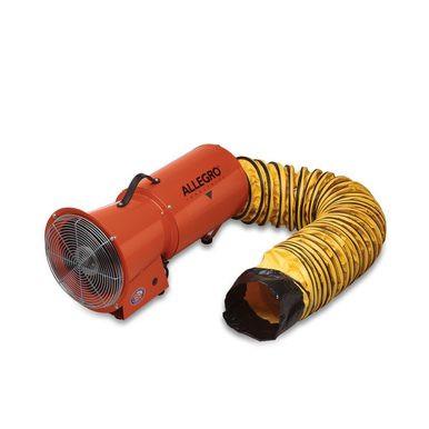 The Allegro 8 In. Axial Blower with Canister and Hose, ideal for confined space applications, includes a yellow flexible duct. Featuring a convenient top handle and a visible fan at the end, this blower is perfect for enhancing your ventilation system. The duct extends outward, finished with a black rim for added durability.