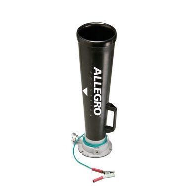 A black Allegro Industries Plastic Venturi Blower 9518 features a cylindrical design, equipped with a side handle and a green hose attached at the base using clamp connectors. The Venturi Blower-inspired design optimizes efficiency, and the Allegro logo is printed vertically along the body.